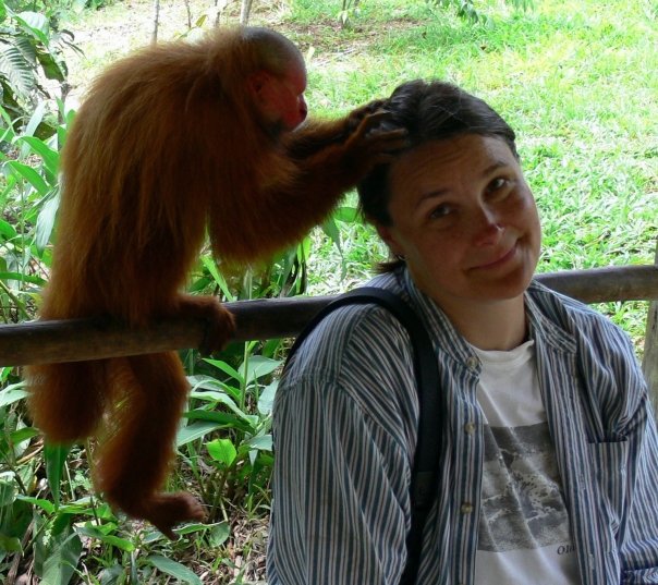 Getting my hair did with a uakari friend, Peru.