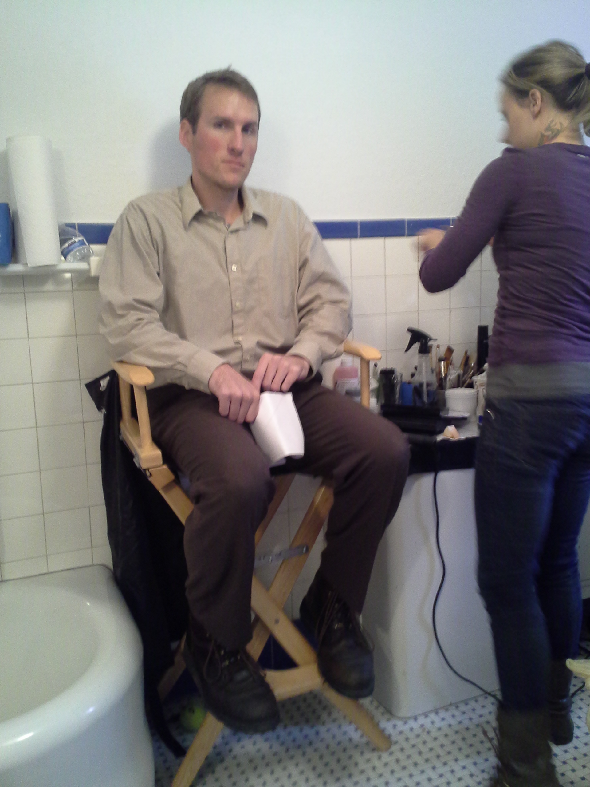 Producer/ Director/ Actor of Lake Eerie, Chris Majors, prepares for a scene while in the makeup room October 2013.