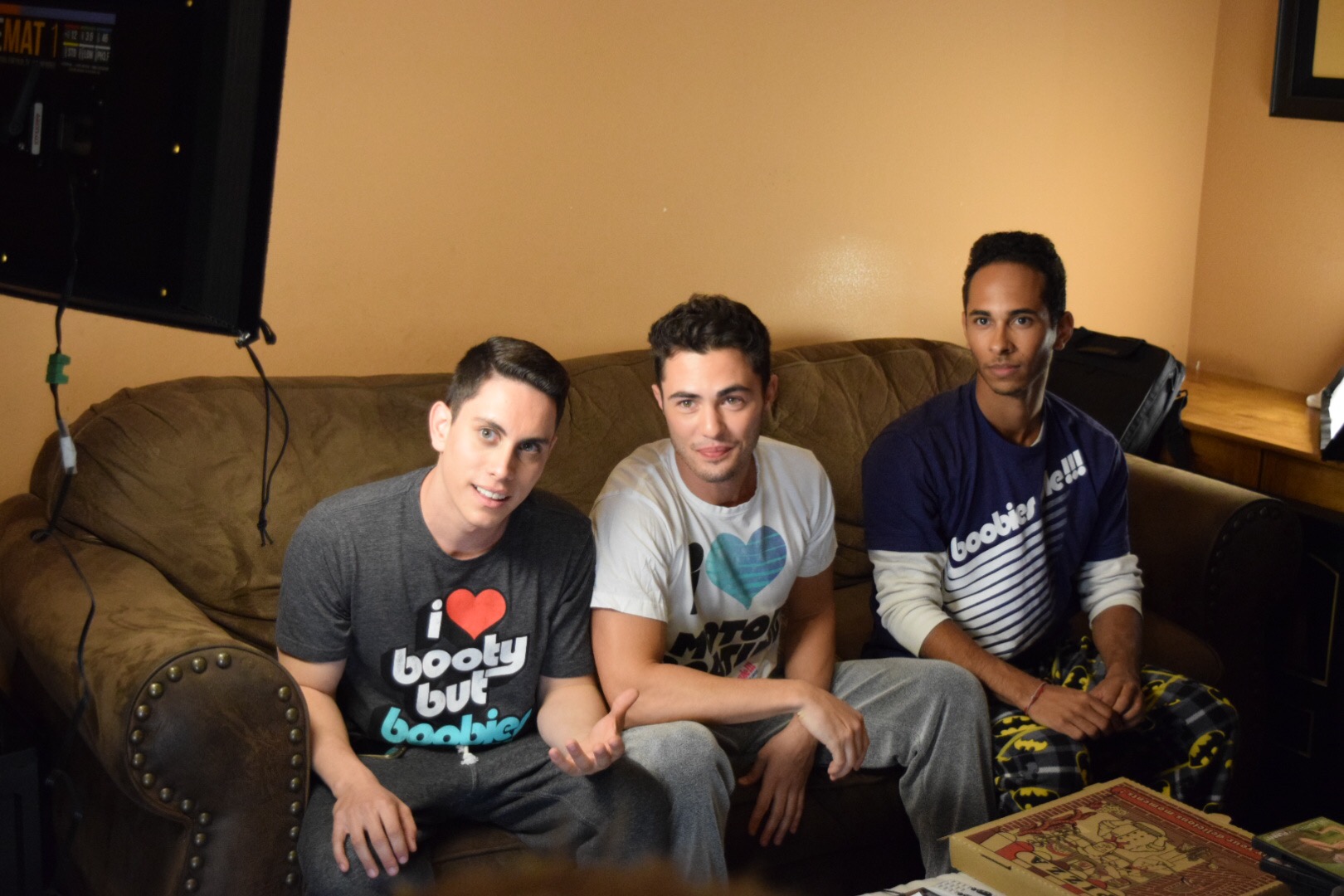 Tyler Honigsfeld on the set of Slumber Party with Darren Barnet (middle) and Drake Ford (right).