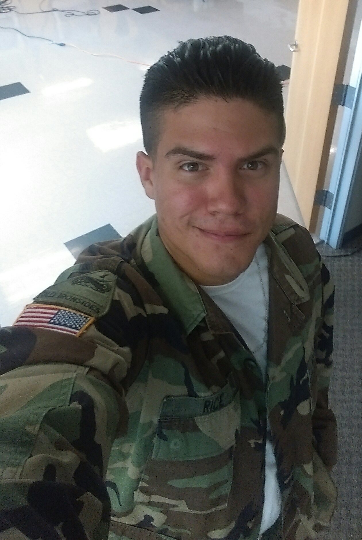 Soldier smiling. Selfie before shoot.