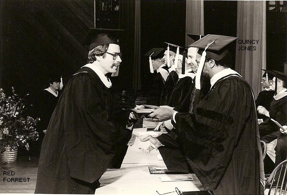 Quincy Jones hands Red his Berklee College of Music degree on May 14th, 1983 at Berklee Performance Center. Just prior to this Mr. Jones was awarded an Honorary Doctorate of Music by the college.