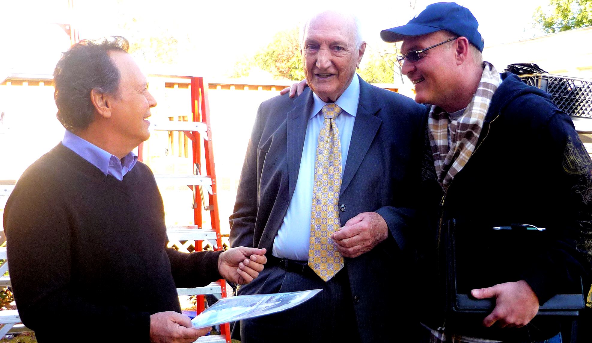 Billy Crystal, Ralph Branca and Bill Branca on the set of Parental Guidance.