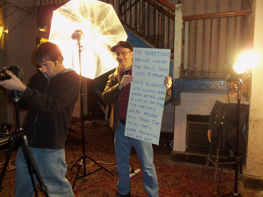 Working the cue cards, with Chris Monaco, on the Lansdowne Theater set of 