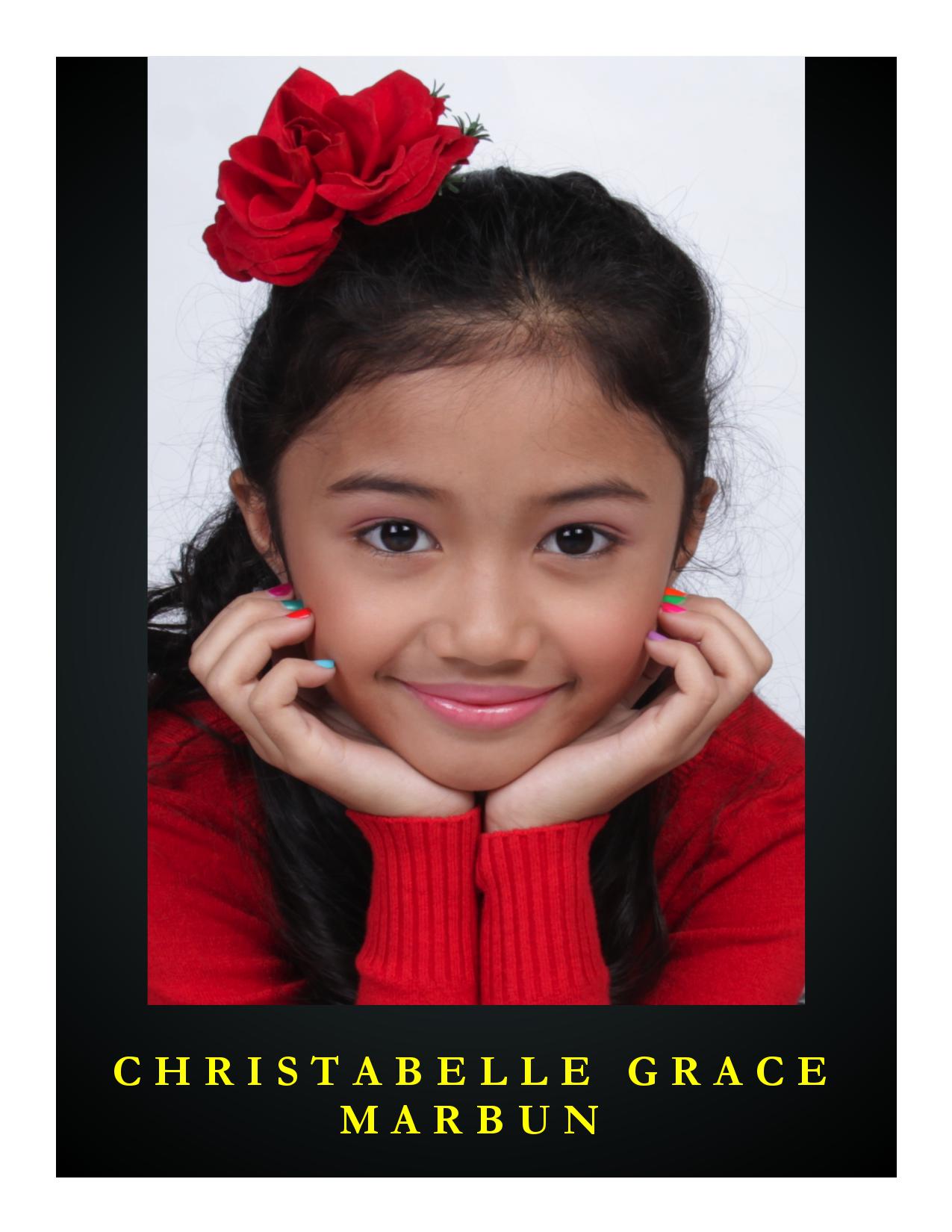 Name: Christabelle Grace Family Name: Marbun Birthday: June 1, 2004 Place: Jakarta Height: 140 cm (4 feet 7) Weight: 30 kg (66.2 lbs) FTV & Sinetron: 112 Movie: 1 Language: English Singing: 1 mini album Website: www.christabelle.my.