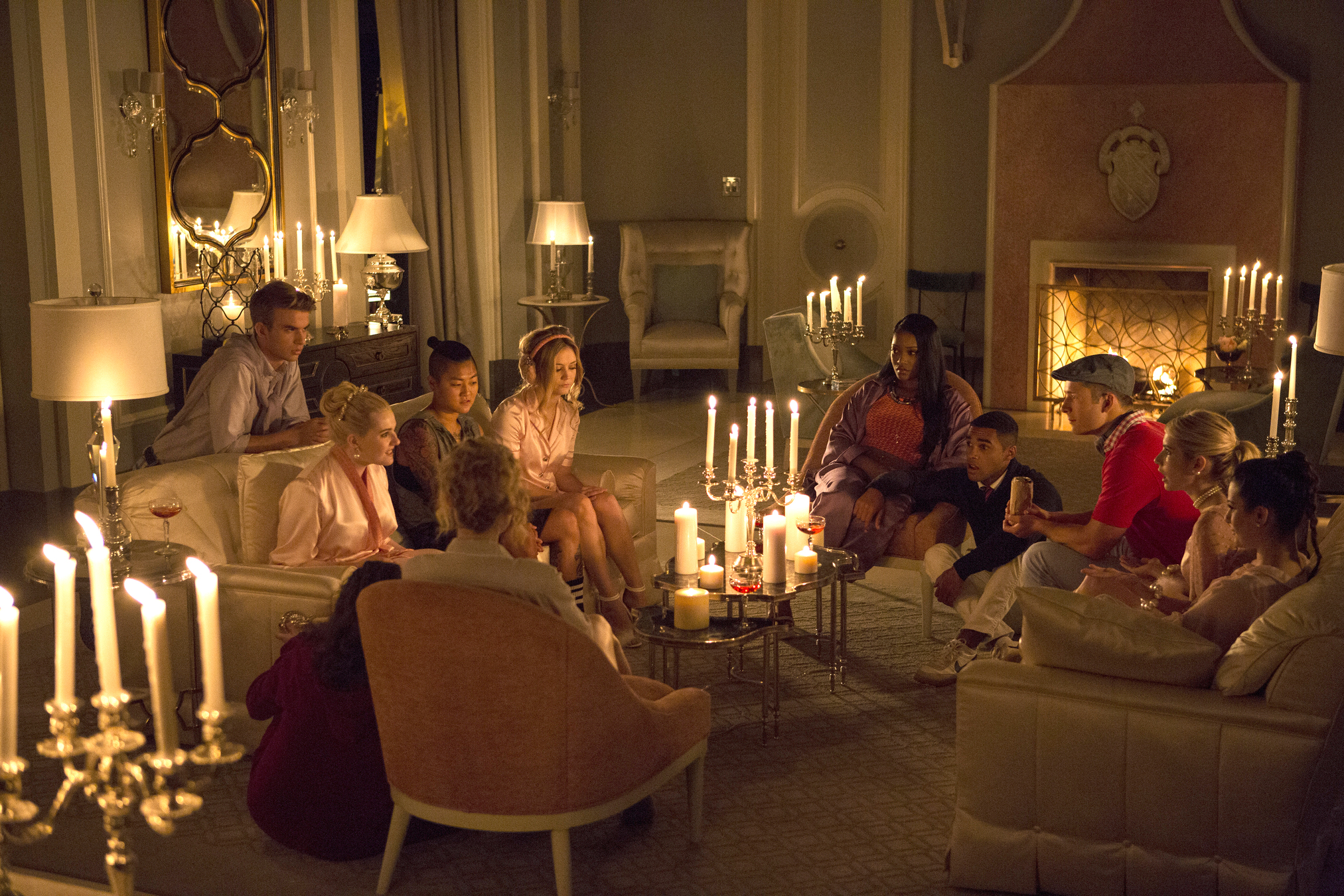 Still of Lea Michele, Emma Roberts, Abigail Breslin, Skyler Samuels, Glen Powell, Keke Palmer, Lucien Laviscount, Breezy Eslin, Billie Lourd and Jeanna Han in Scream Queens (2015)