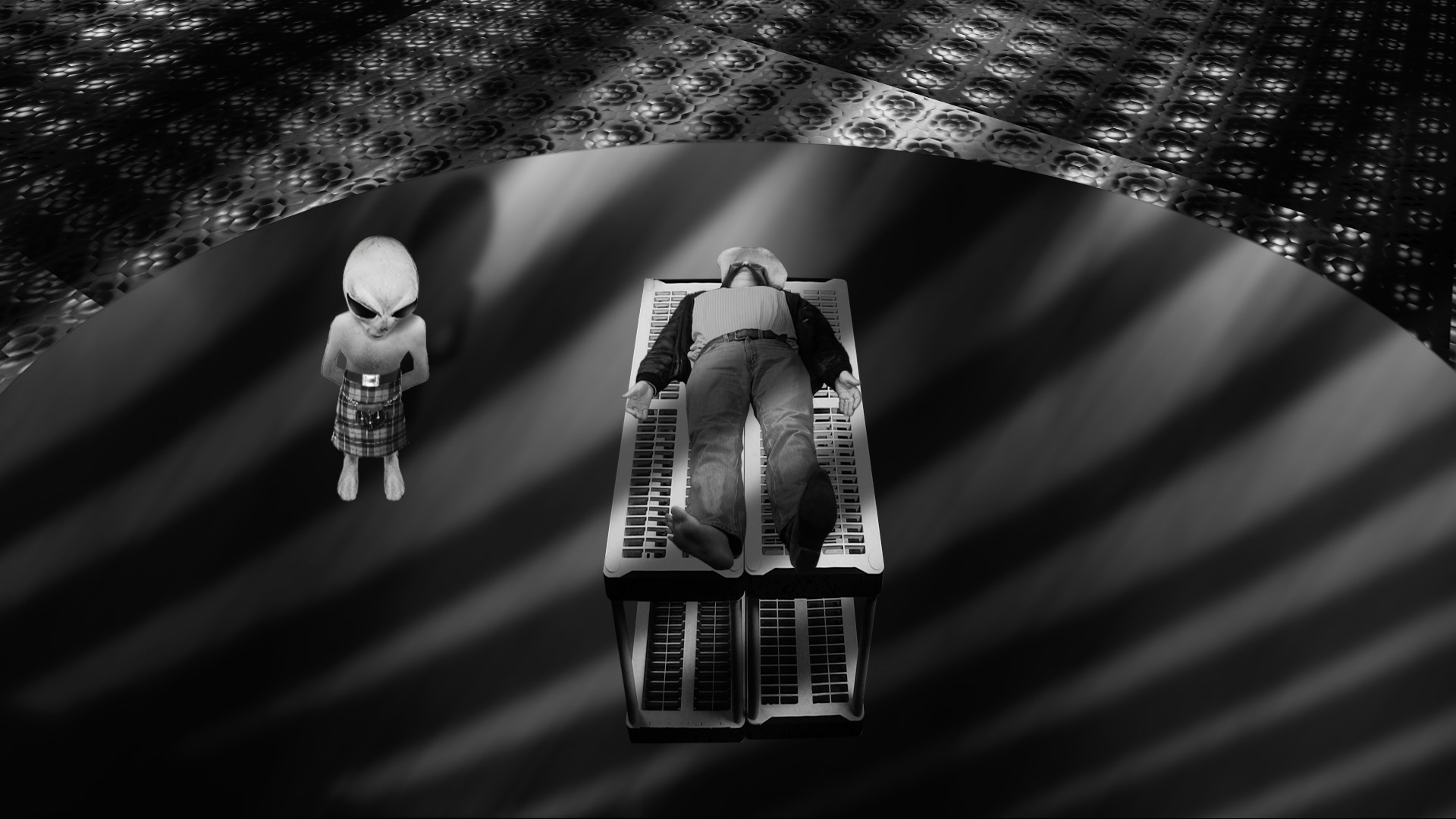 Alien wearing a kilt, checking Clem Junebug. From Clem JunebugGhost Detective.