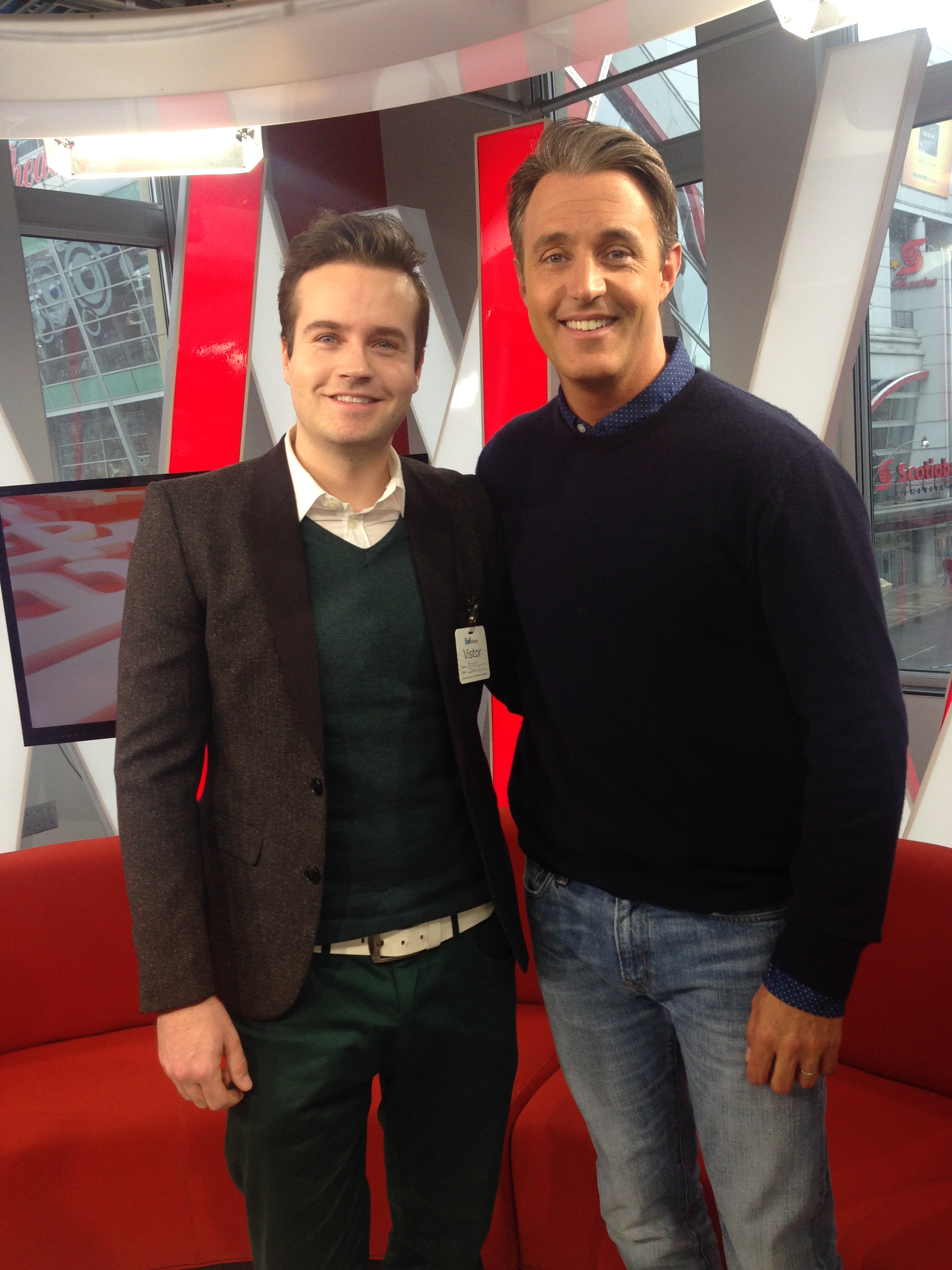 Brandon Ludwig and Ben Mulroney on set of E-Talk Daily for Canadian Star