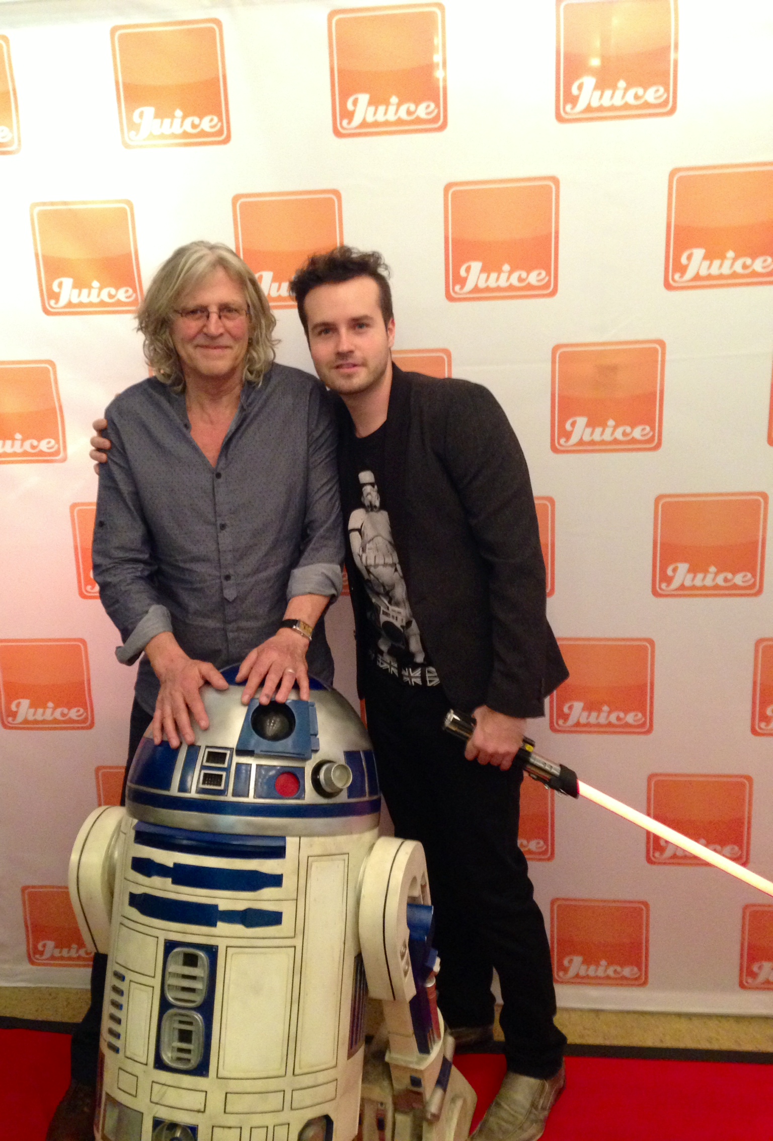 L to R Roger Christian, R2D2, BRANDON LUDWIG @ the 2014 Red Carpet Premiere for Black Angel