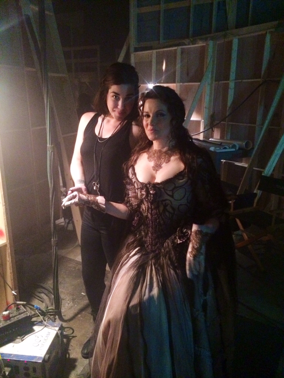 On set for Salem Season 2 with Lucy Lawless after dressing her in a Human Hair Dress we custom made for her.