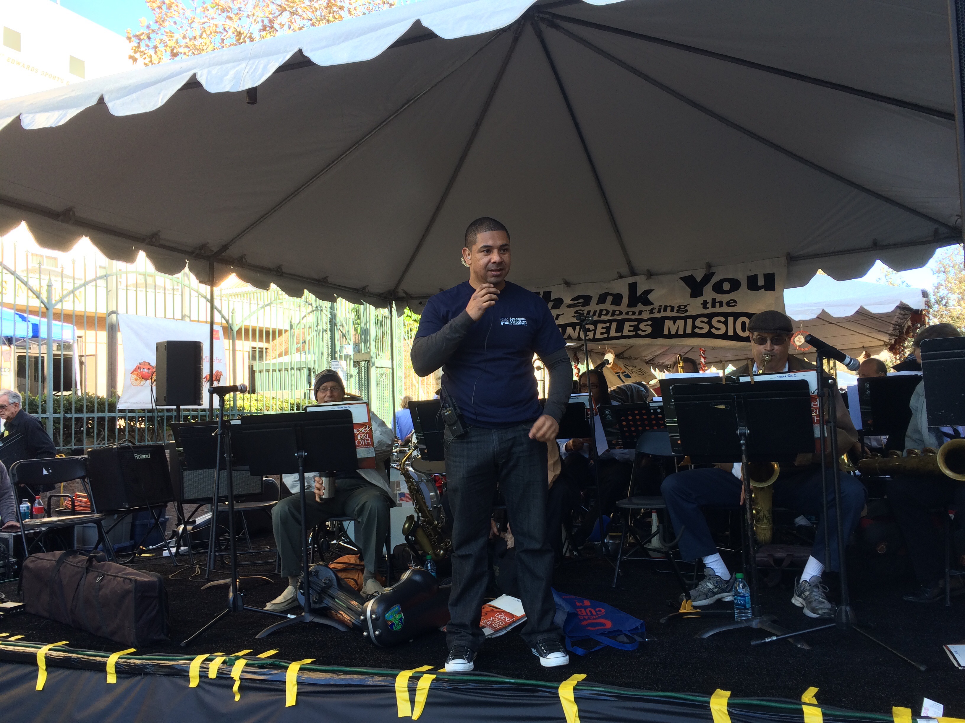 Performing at the Los Angeles Mission Thanksgiving Block party. A lot of families were fed with a warm meal.