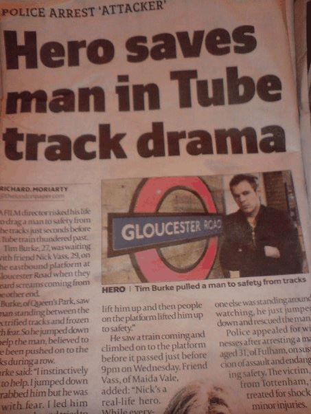 Film Director; Tim Burke Saves a Man life in Tube drama, London.