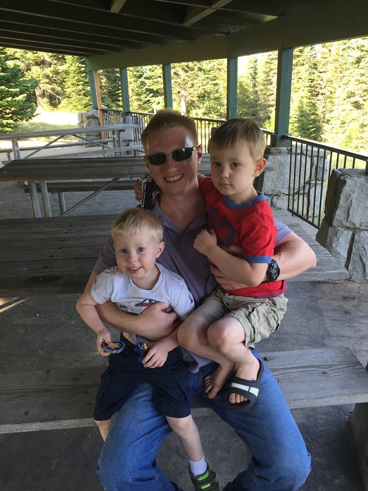 Robert P. Monteleone with his two young sons, Layne (red shirt) and Tyler.