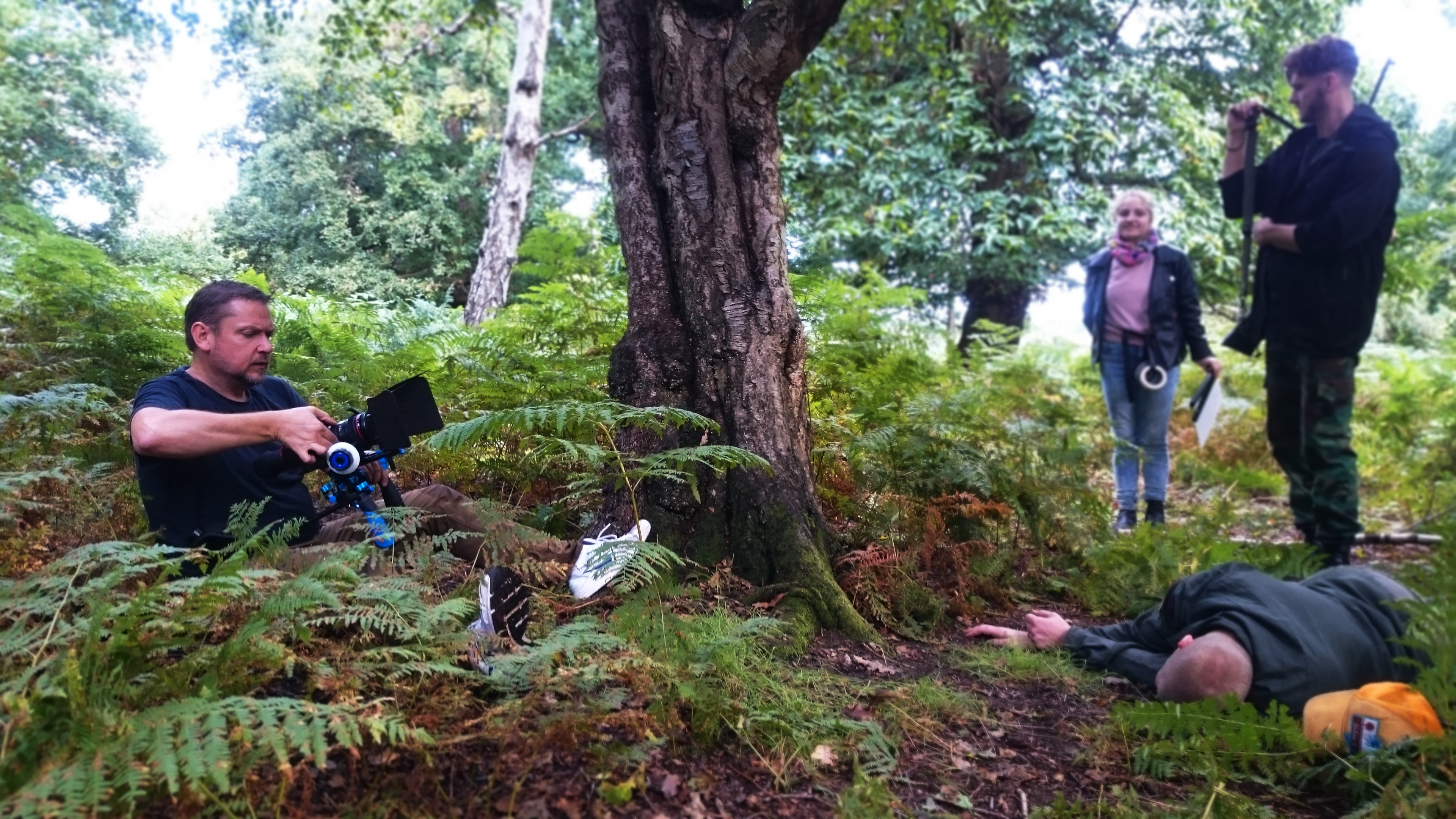 (L-R) Matt Batten, Em Scribbler, Byron J Brochmann, Scott James (Lower R) on location of HUNT