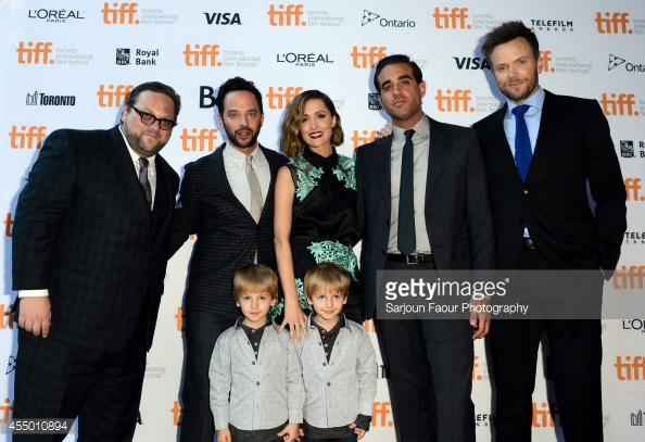 Caleb and Matthew Paddock with director Ross Katz and the cast of Adult Beginners.