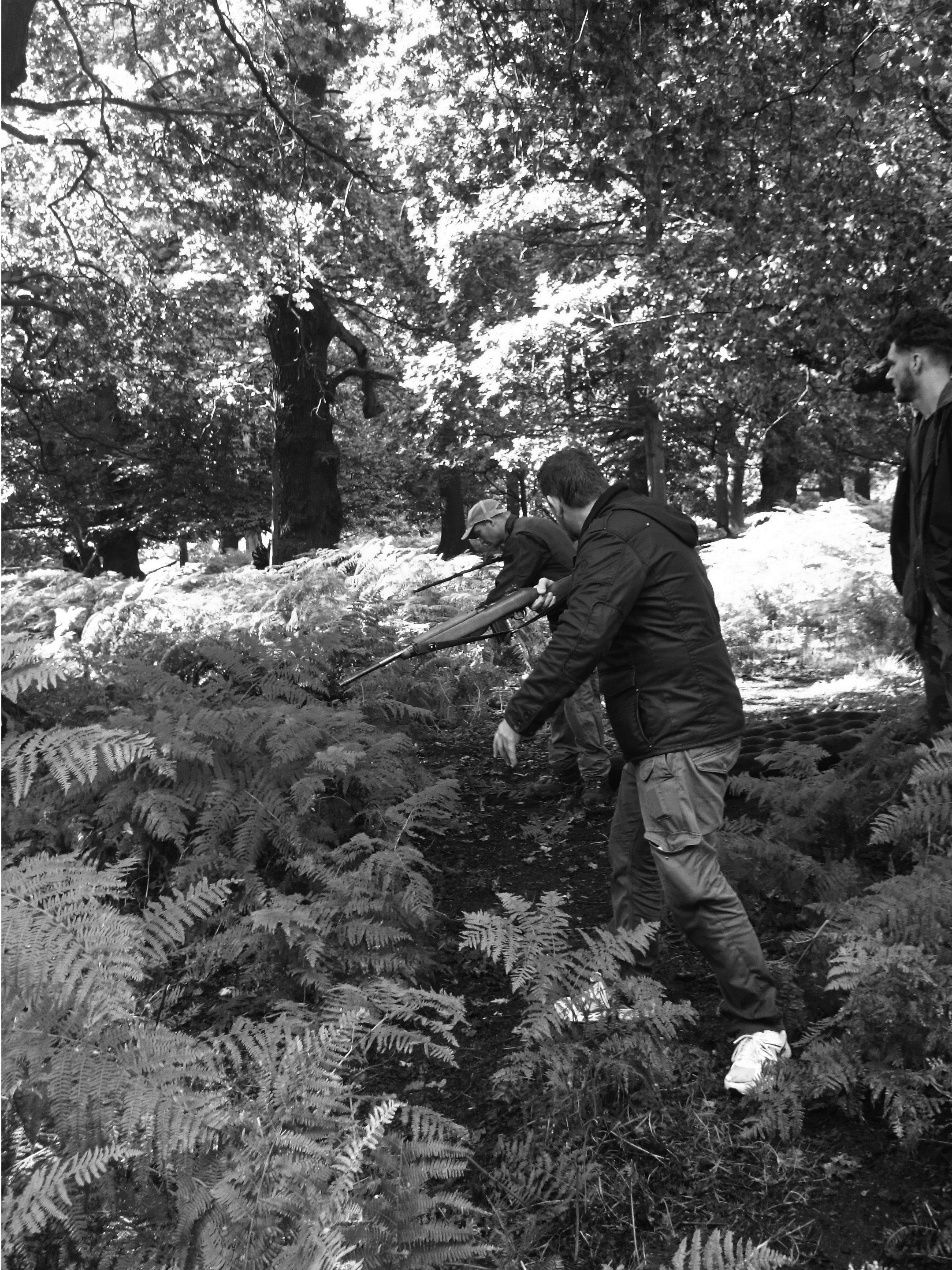 Matt Batten (C) in weapon rehearsal with Scott James (Rear) and Byron J Brochmann (R) on location for HUNT