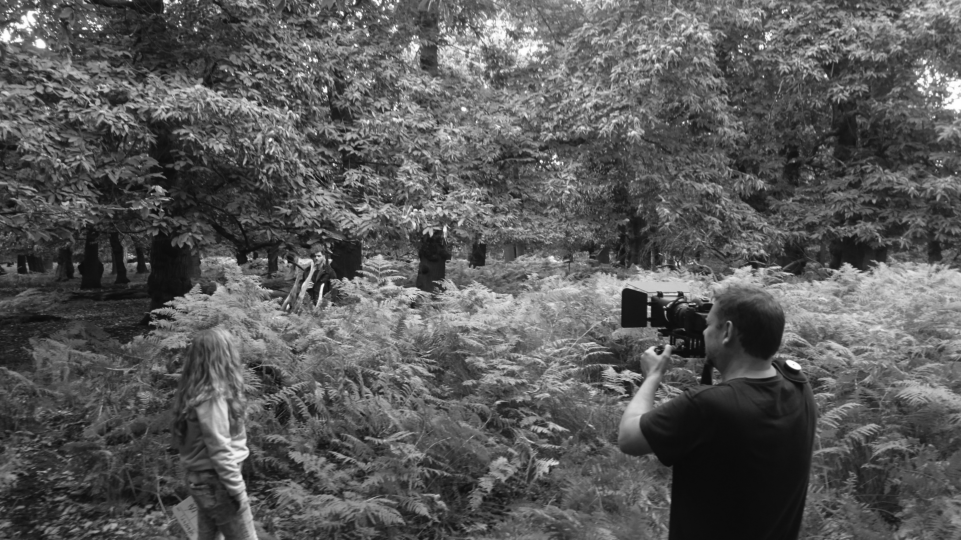 Matt Batten (R) on location of HUNT with Em Scribbler (L) and Byron J Brochmann (rear)