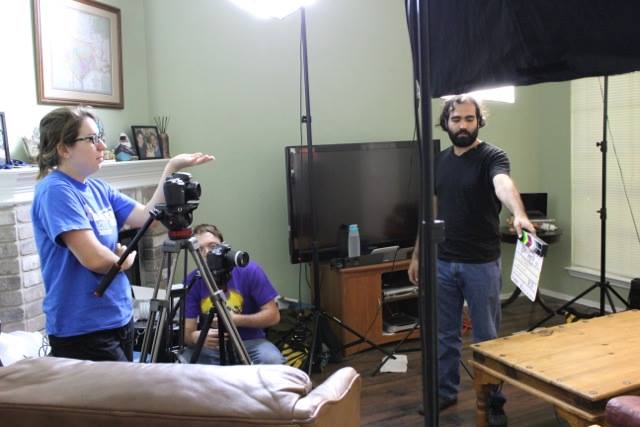 Emily Joseph with Chris Copple and Aaron Gaudin on the set of DisAssociationVille (2015)