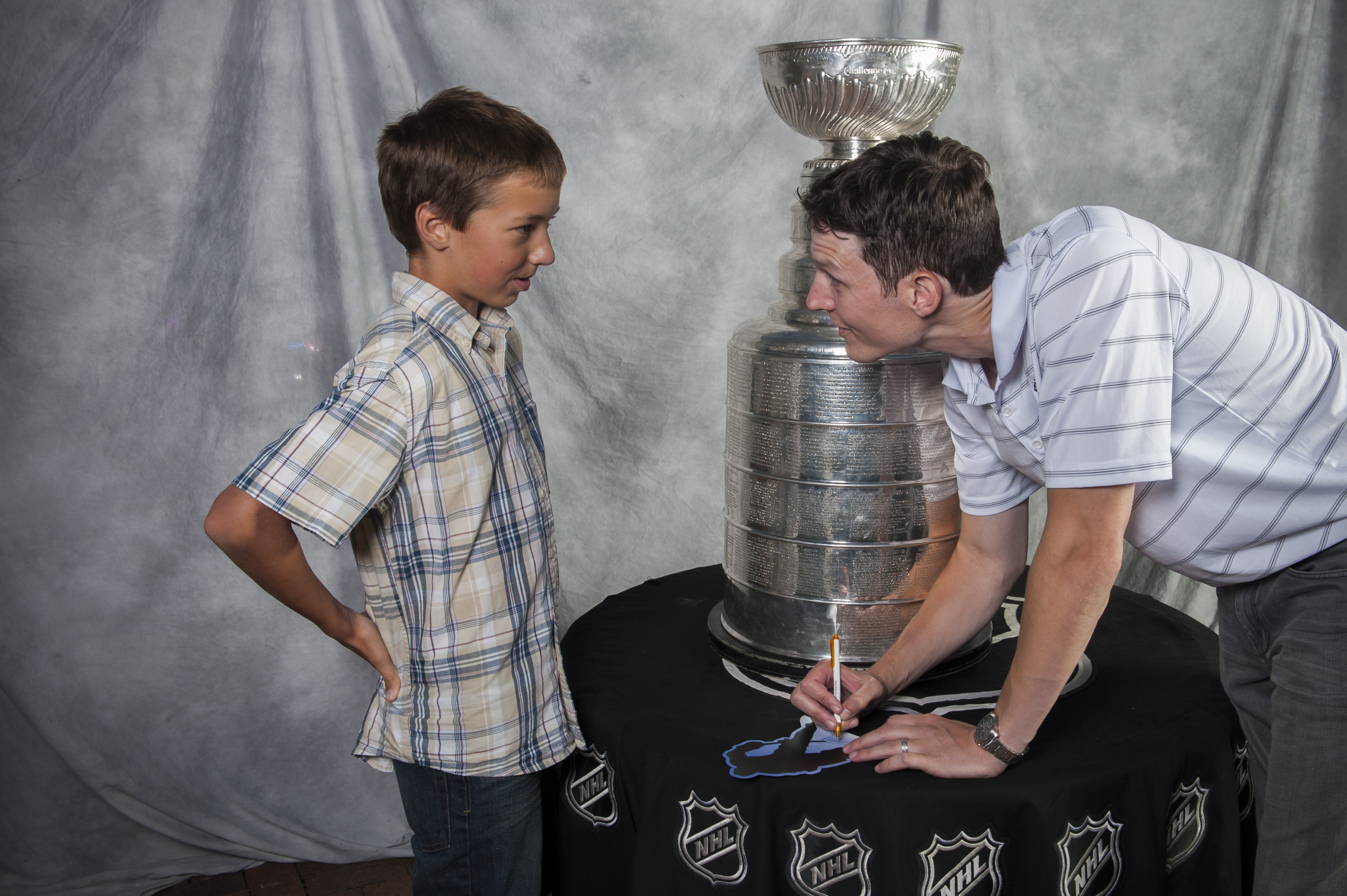 Greeting a fan during Zach's Stanley Cup Party