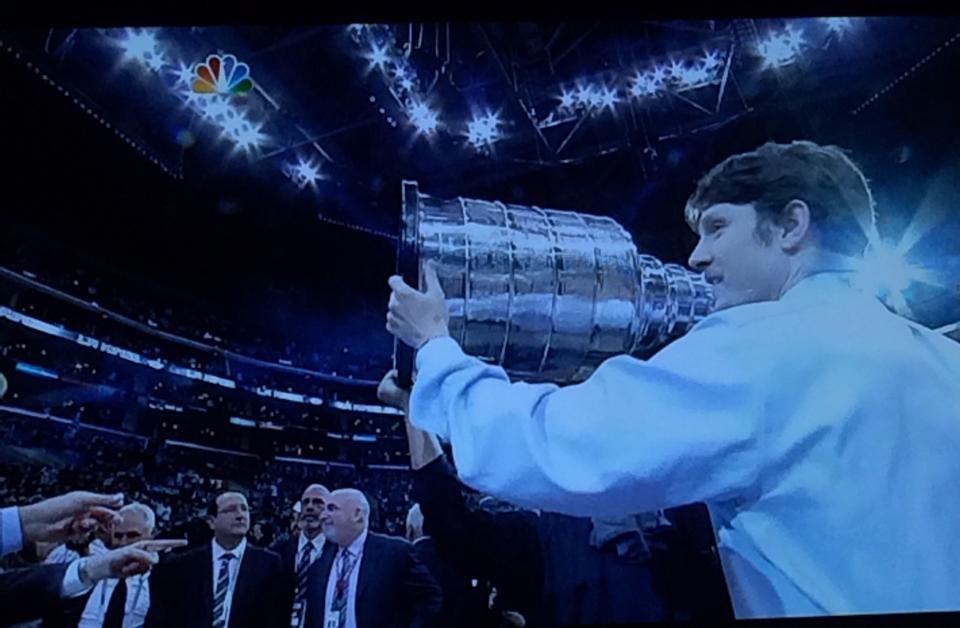 Zach hoisting The Stanley Cup after the Kings beat the Rangers in 2 OT at the Staples Center on June 13, 2014