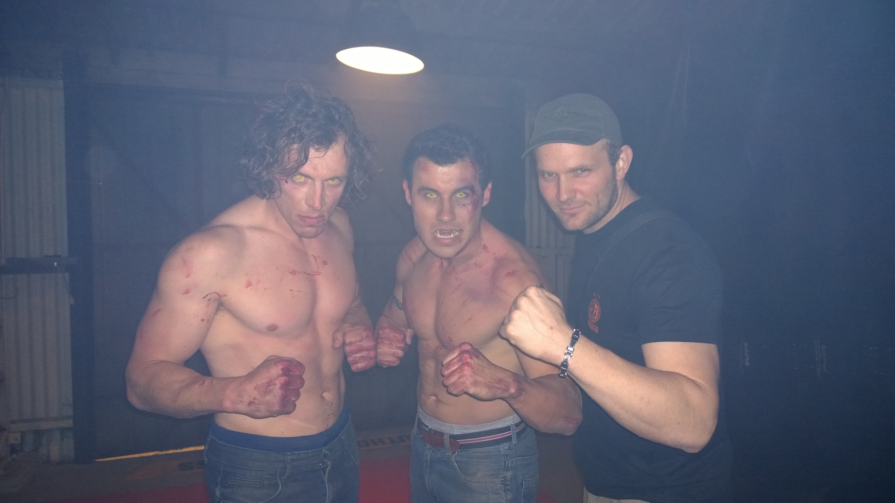 On set of Bite Club with Donnie Baxter and Brian Antonenko before shooting their marathon 4hr fight scene.