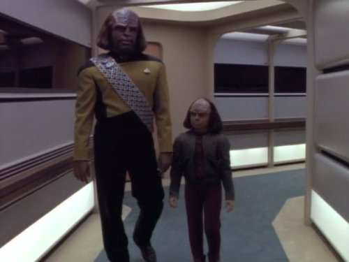 Still of Michael Dorn and Brian Bonsall in Star Trek: The Next Generation (1987)