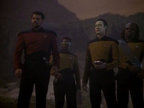 Still of Michael Dorn, Jonathan Frakes, Brent Spiner and LeVar Burton in Star Trek: The Next Generation (1987)