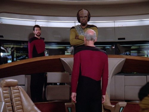 Still of Michael Dorn, Jonathan Frakes and Patrick Stewart in Star Trek: The Next Generation (1987)