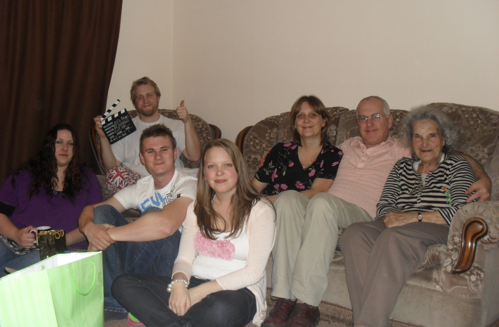 Cast of Unsolicited Material (2015) from left to right: Tina Bedroom, Ed Surname, Tommy, Betty, Mum, Papa Surname, Nan.