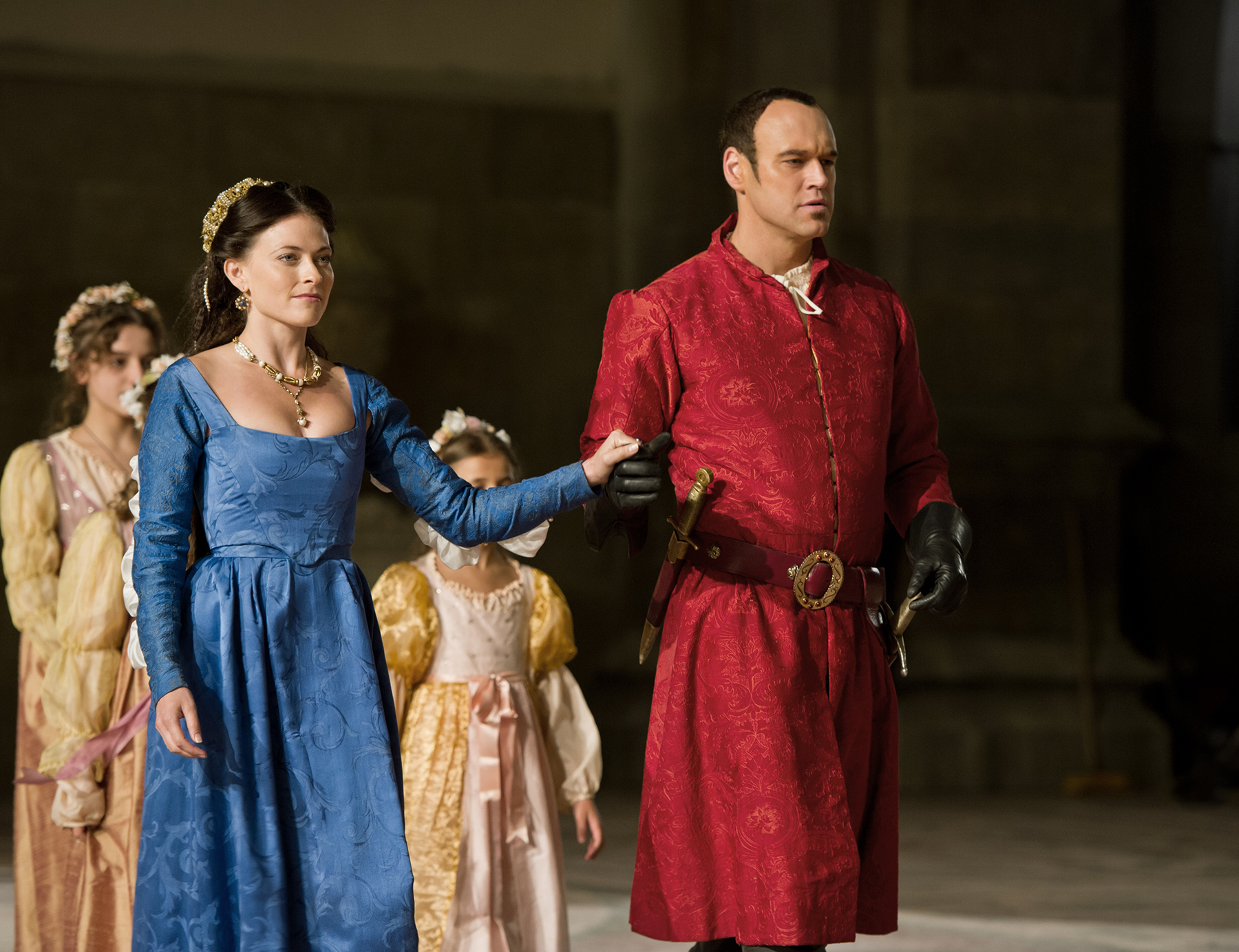 Still of Elliot Cowan and Lara Pulver in Da Vinci's Demons (2013)