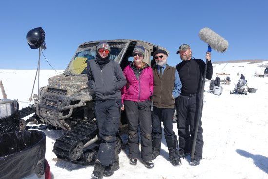 Mitchell Gebhard, Kyra Westman, Mark Ulano, and Tom Hartig. On location near Telluride, CO for 'The Hateful Eight.'