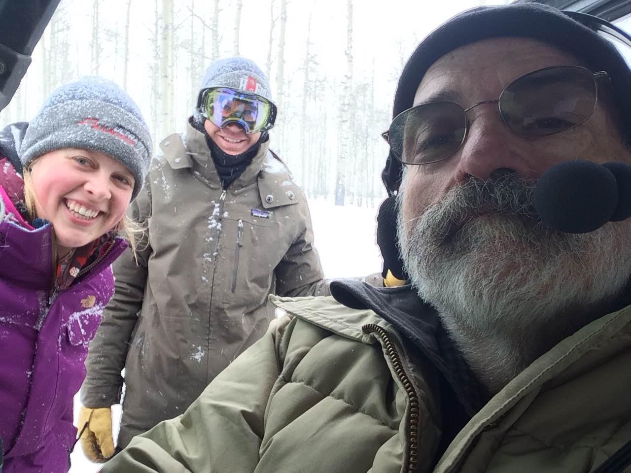 Kyra Westman, Mitchell Gebhard, and Mark Ulano. 'The Hateful Eight' filming on location outside of Telluride, Colorado.