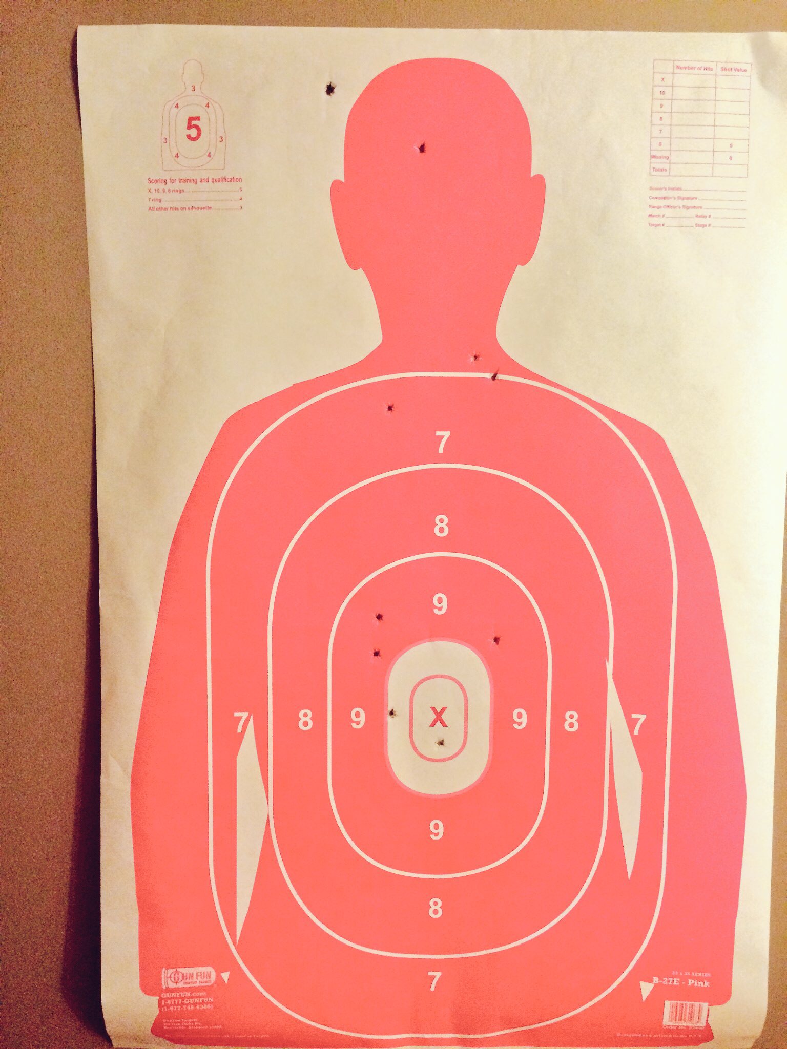 Theresa has firearm experience. This is from her very first time with a Glock 43. The missed shot is her first shot after reloading. 9/10 are kill shots.