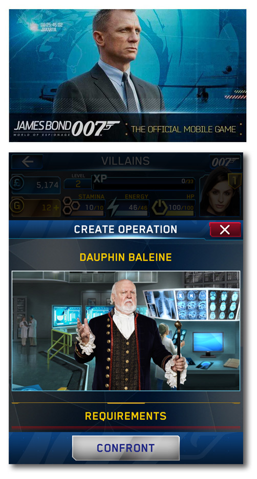 A 2015 action-packed multiplayer strategy RPG, JAMES BOND 007: World of Espionage: Seduce beautiful allies, drive fantastic cars and execute foul villains, like Terry Stroud as Dauphin Baleine. From MGM/Glu Games Inc