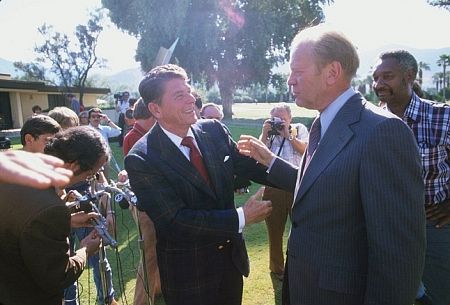 Ronald Reagan with Gerald R. Ford and the press