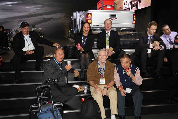 Breaking for lunch on press days at the LA Auto Show. Photo courtesy of Albert Wong.  with Stefan Pagnani, Edmund Jenks and Joyce Chow at Los Angeles Convention Center.