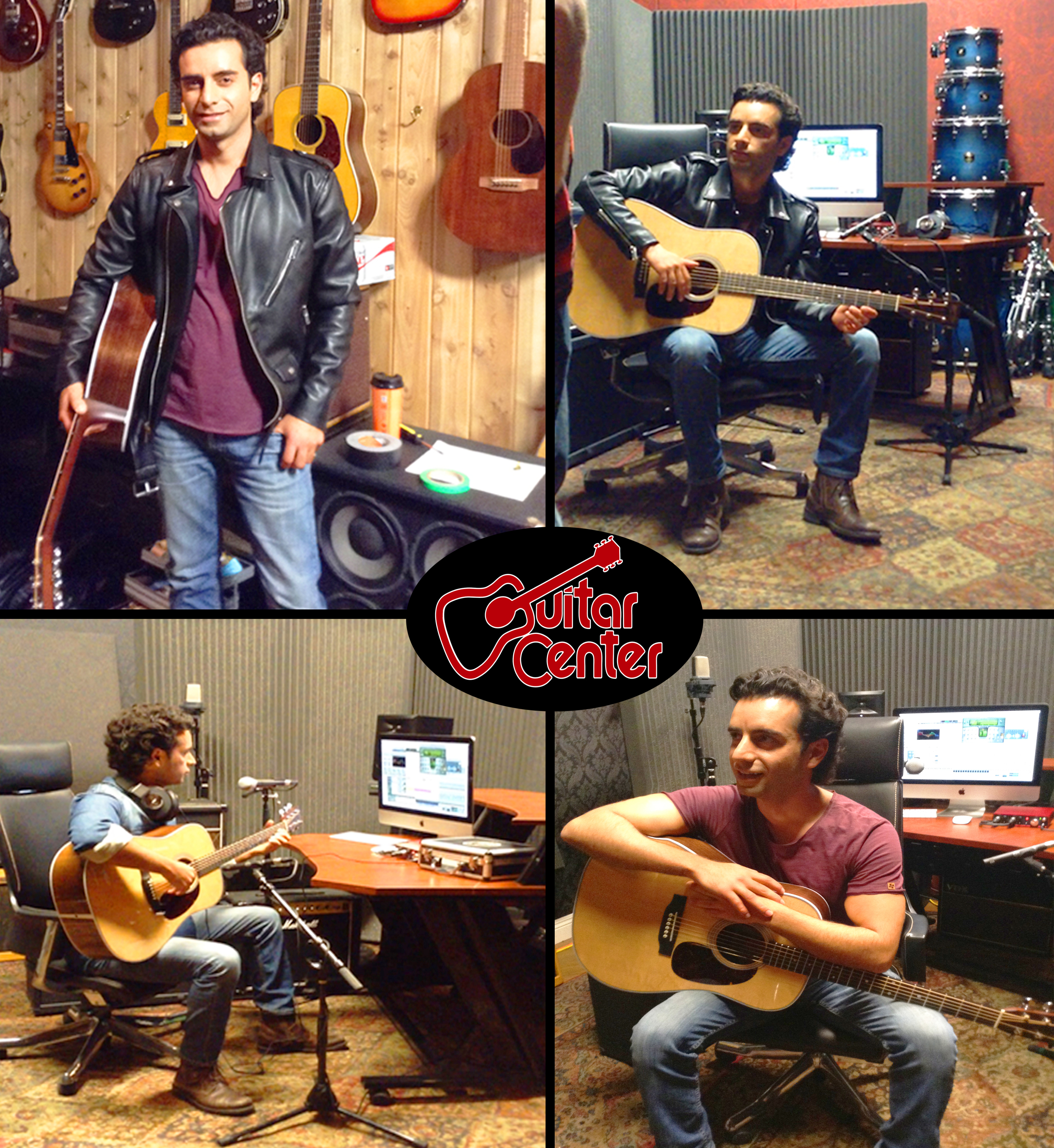 Behind the scenes pic of Arsi Nami playing and singing, as he is featured as lead model for Guitar Center Commercial Print.