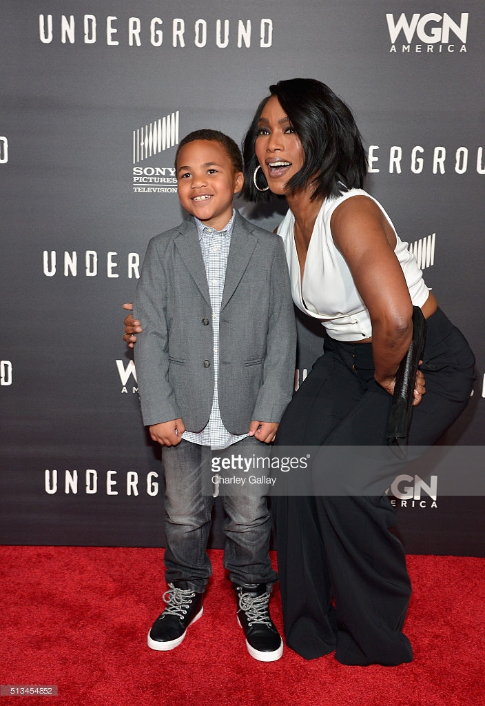 Actor Maceo Smedley and actress Angela Bassett attend the premiere of WGN America's Underground held at the Theater at the Ace Hotel on March 2nd, 2016 in Los Angeles, California.