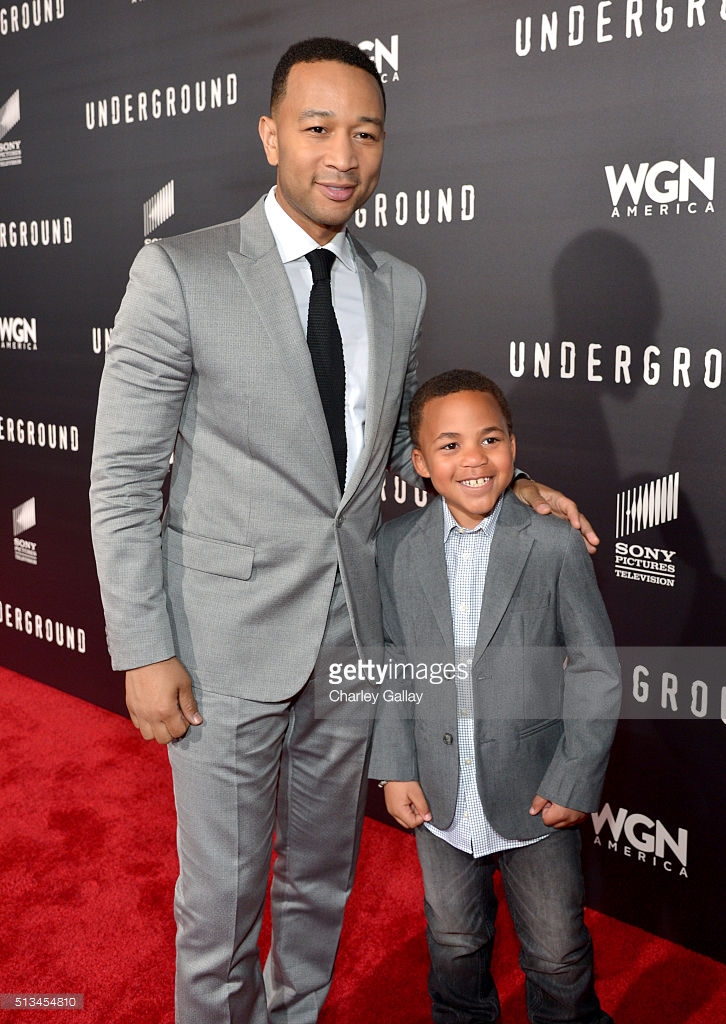 Actor Maceo Smedley and Executive Producer John Legend arrive at the premiere of WGN America's Underground held at the Theater at the Ace Hotel on March 2nd, 2016 in Los Angeles, California.