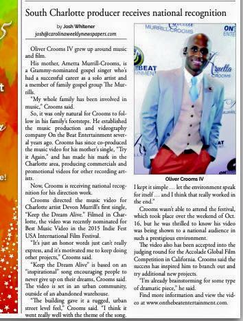 South Charlotte Weekly newspaper article on native talent Oliver Crooms.