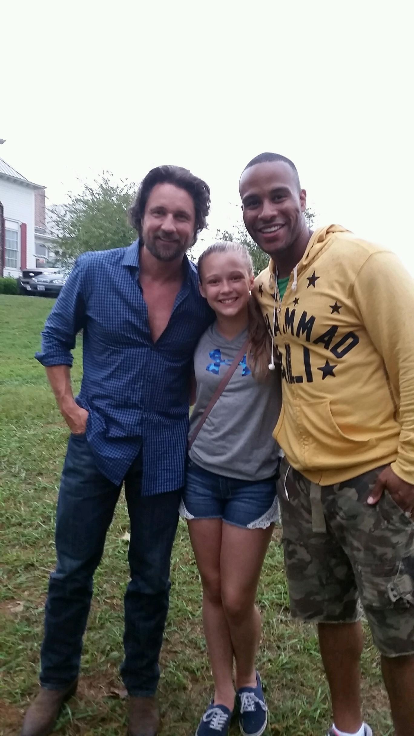 Martin Henderson, ​Kaitlynn Stone, and DeVon Franklin on set of Miracles from Heaven