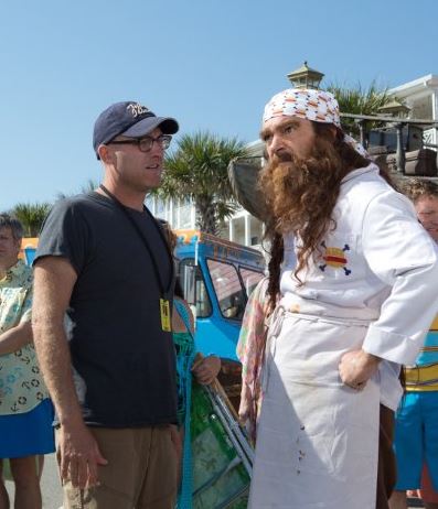 Mike Mitchell directs Antonio Banderas as Burger-Beard the Pirate on the set of The SpongeBob Movie: Sponge Out of Water.