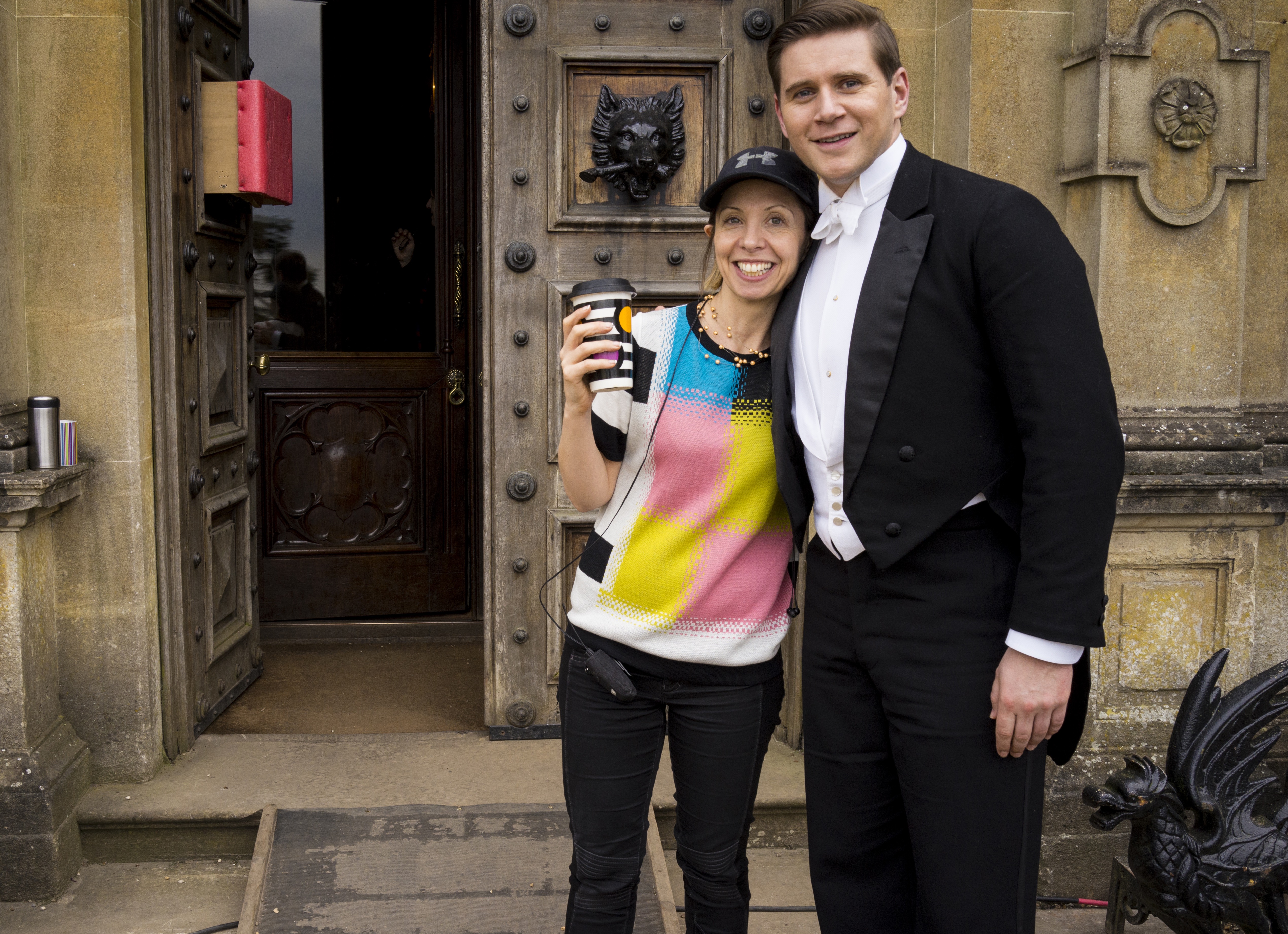 Minkie Spiro with Allan Leech on set of Downton Abbey