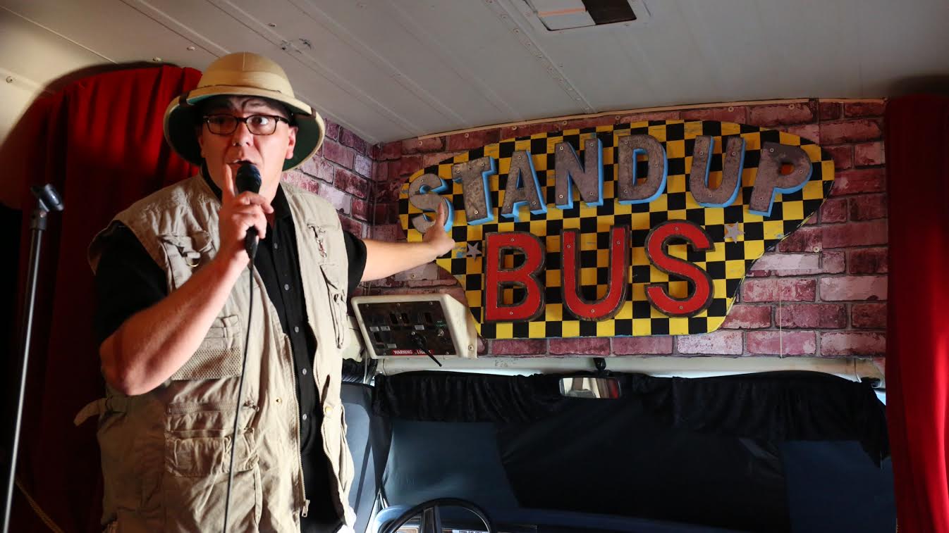 Dusty Trice performing on The Stand Up Bus.