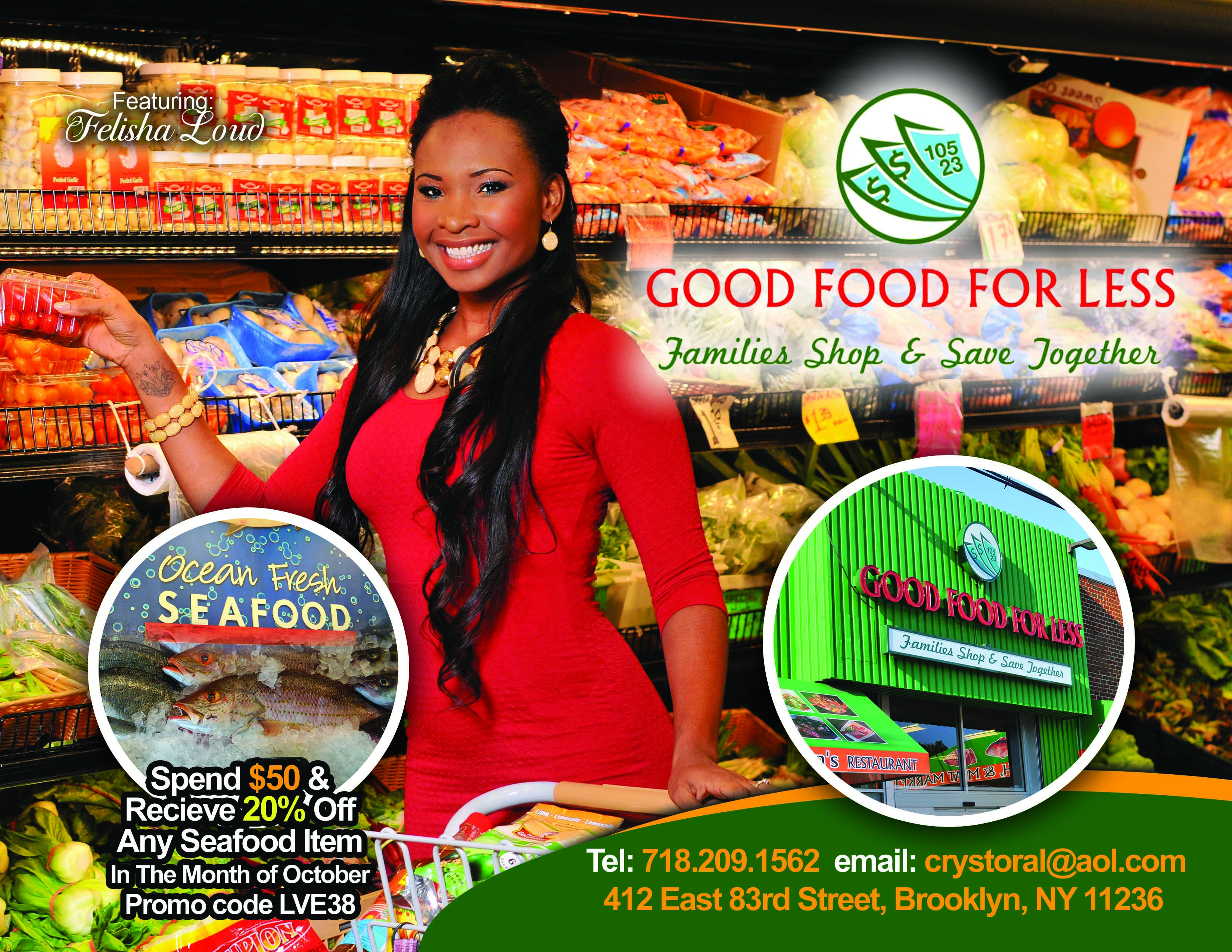Felisha Lord In a print Add for Good Food For Less grocery store.