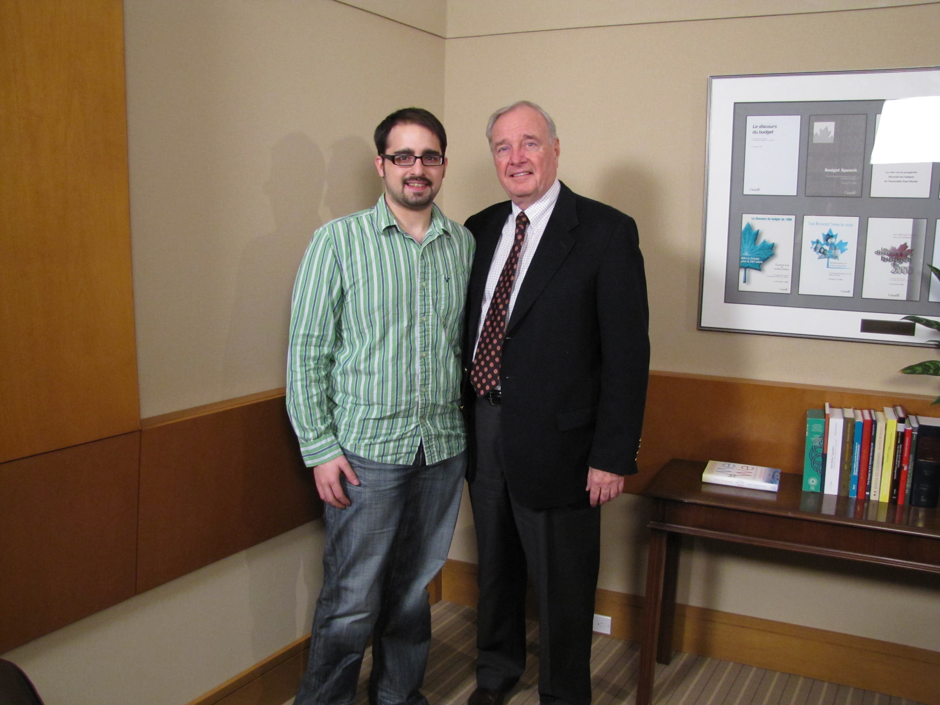 Joshua Jamieson with former Prime Minister Rt. Hon. Paul Martin following an interview for Just Himself: the story of Don Jamieson in Montreal, PQ