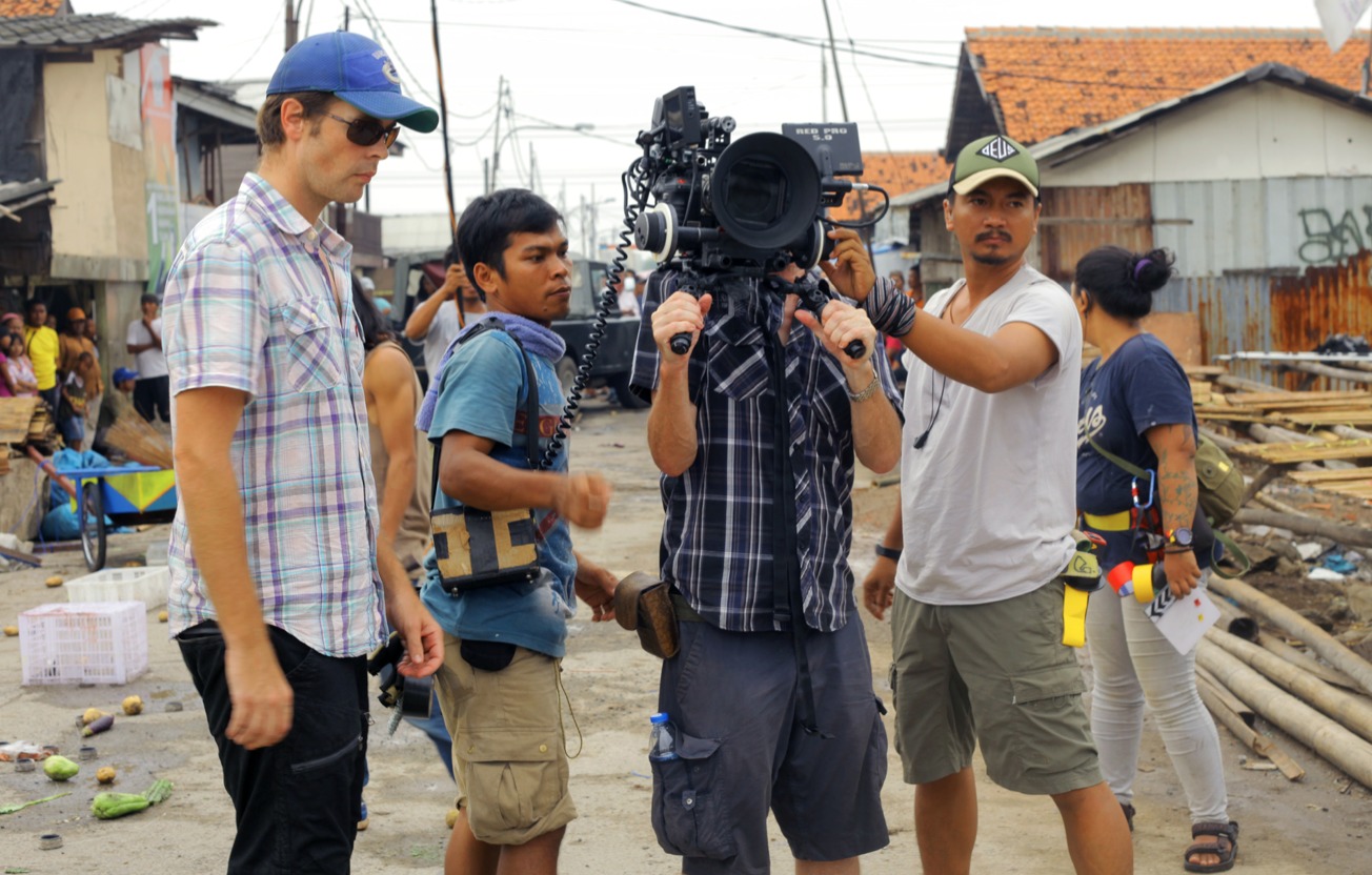 Corey Pearson directing Message Man on set in Jakarta with DOP Neil Cervin