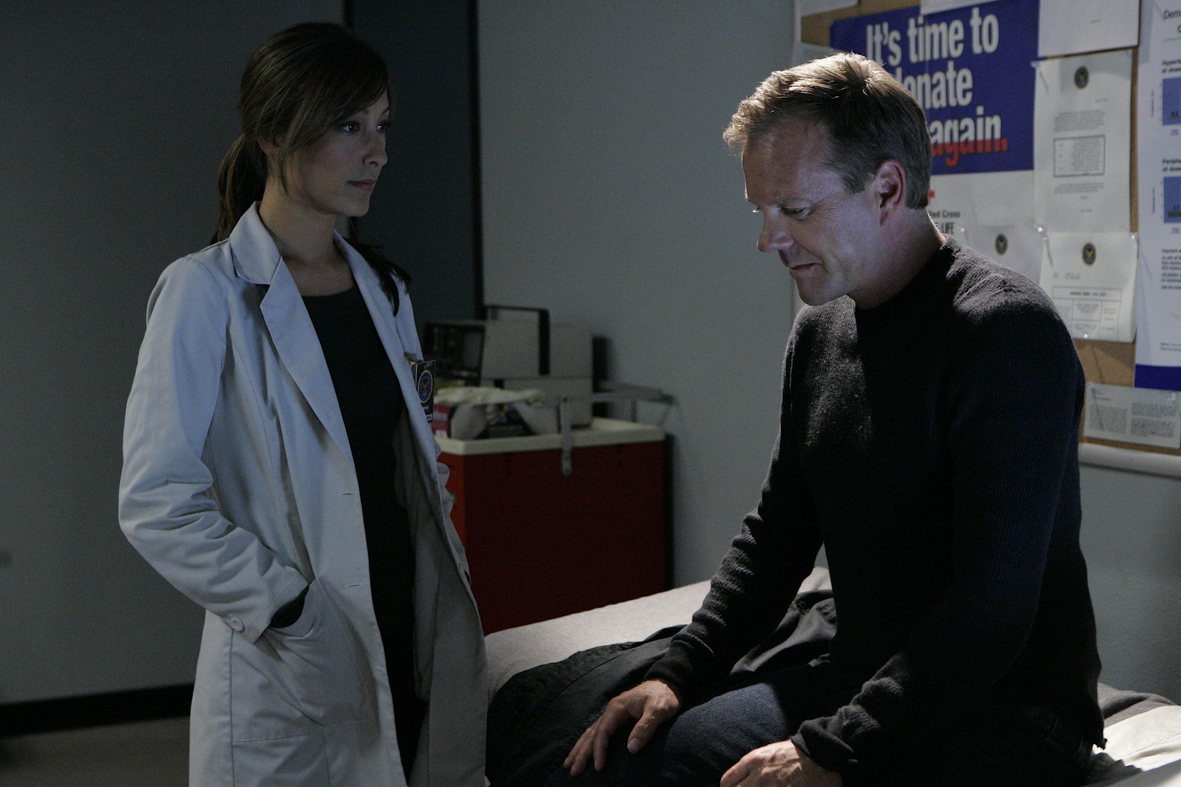 24, Day 7: 12:00am - 1:00am Christina Chang as Dr. Sunny Macer and Kiefer Sutherland as Jack Bauer