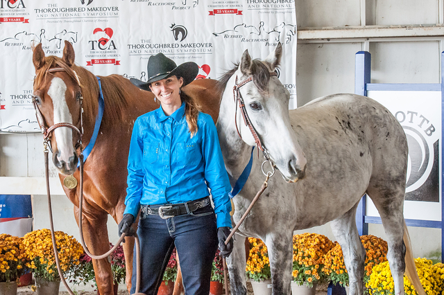 Lindsey and her two horses at the 2015 Thoroughbred Makeover competition