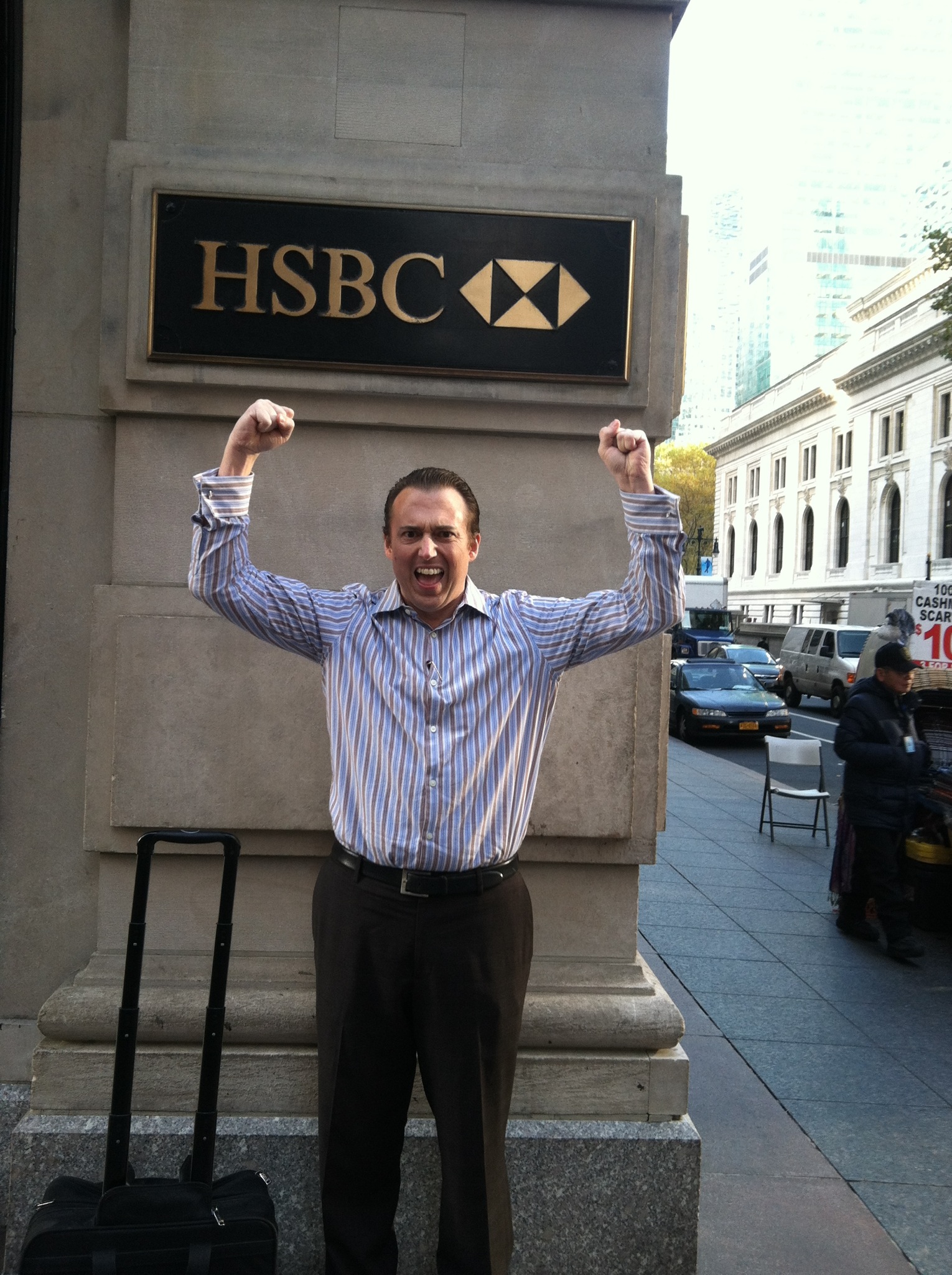 Troy Jensen, outside of HSBC's flagship branch in Manhattan. The CEO of nxVenture Capital is never, ever shy about his passions...obviously the meeting with his bankers went well!