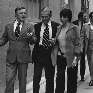 Gene Kelly, Fred Astaire, Liza Minnelli and producer Daniel Melnick (far right) after a press interview for 